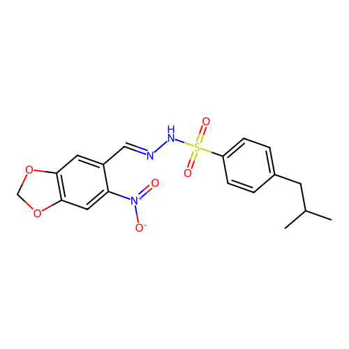 4-(2-methylpropyl)-N-[(6-nitrobenzo[1,3]dioxol-5-yl)methylideneamino]benzenesulfonamide structure