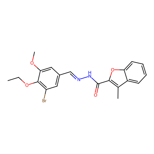N-[(3-bromo-4-ethoxy-5-methoxy-phenyl)methylideneamino]-3-methyl-benzofuran-2-carboxamide structure