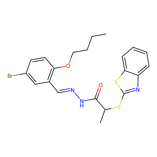 2-(1,3-benzothiazol-2-ylsulfanyl)-N'-[(E)-(5-bromo-2-butoxyphenyl)methylidene]propanehydrazide structure
