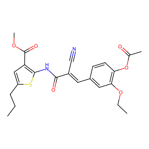 (E)-methyl 2-(3-(4-acetoxy-3-ethoxyphenyl)-2-cyanoacrylamido)-5-propylthiophene-3-carboxylate structure