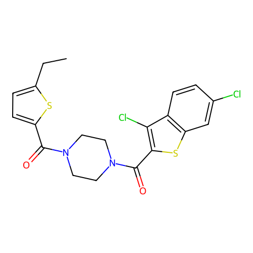 (3,6-dichlorobenzothiophen-2-yl)-[4-(5-ethylthiophene-2-carbonyl)piperazin-1-yl]methanone structure
