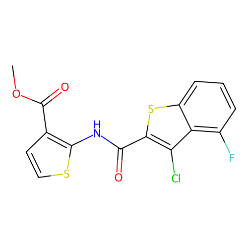 methyl 2-[(3-chloro-4-fluoro-1-benzothiophene-2-carbonyl)amino]thiophene-3-carboxylate structure