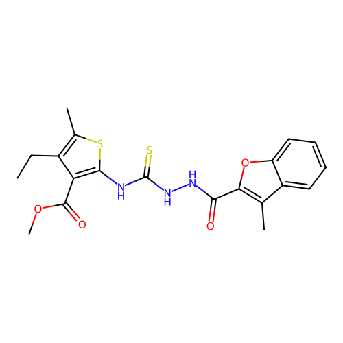 2-Benzofurancarboxylic acid, 3-methyl-, 2-[[[4-ethyl-3-(methoxycarbonyl)-5-methyl-2-thienyl]amino]thioxomethyl]hydrazide (9CI) structure