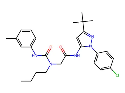 N-[5-tert-butyl-2-(4-chlorophenyl)pyrazol-3-yl]-2-[butyl-[(3-methylphenyl)carbamoyl]amino]acetamide structure