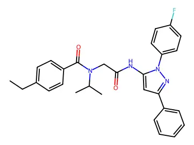 4-ethyl-N-[2-[[2-(4-fluorophenyl)-5-phenylpyrazol-3-yl]amino]-2-oxoethyl]-N-propan-2-ylbenzamide structure