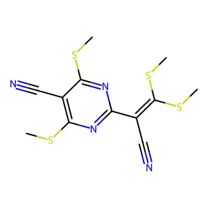2-[1-cyano-2,2-bis(methylsulfanyl)ethenyl]-4,6-bis(methylsulfanyl)pyrimidine-5-carbonitrile structure