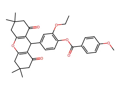 2-ethoxy-4-(3,3,6,6-tetramethyl-1,8-dioxo-2,3,4,5,6,7,8,9-octahydro-1H-xanthen-9-yl)phenyl 4-methoxybenzoate structure