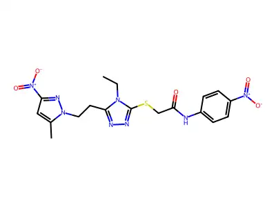 2-[[4-ethyl-5-[2-(5-methyl-3-nitropyrazol-1-yl)ethyl]-1,2,4-triazol-3-yl]sulfanyl]-N-(4-nitrophenyl)acetamide structure