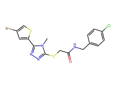 2-[[5-(4-bromothiophen-2-yl)-4-methyl-1,2,4-triazol-3-yl]sulfanyl]-N-[(4-chlorophenyl)methyl]acetamide structure