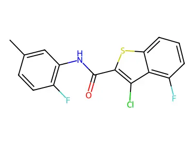 3-chloro-4-fluoro-N-(2-fluoro-5-methylphenyl)-1-benzothiophene-2-carboxamide structure