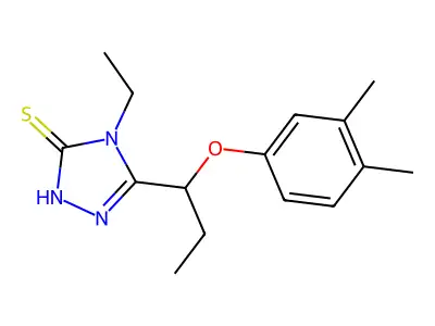 3-[1-(3,4-dimethylphenoxy)propyl]-4-ethyl-1H-1,2,4-triazole-5-thione structure