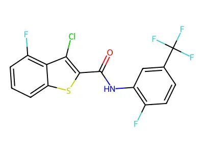3-chloro-4-fluoro-N-[2-fluoro-5-(trifluoromethyl)phenyl]-1-benzothiophene-2-carboxamide structure