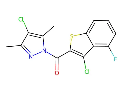 (4-chloro-3,5-dimethyl-1H-pyrazol-1-yl)(3-chloro-4-fluoro-1-benzothiophen-2-yl)methanone structure