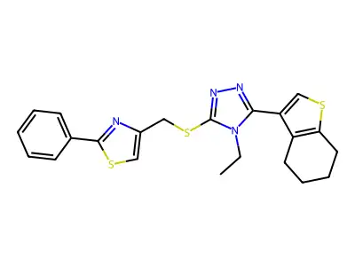 4-[[4-ethyl-5-(4,5,6,7-tetrahydro-1-benzothiophen-3-yl)-1,2,4-triazol-3-yl]sulfanylmethyl]-2-phenyl-1,3-thiazole structure