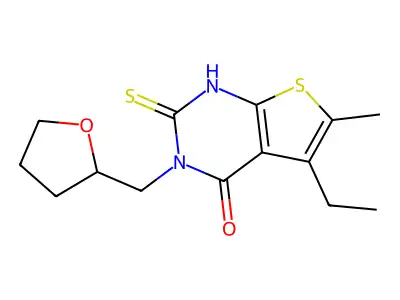 5-ethyl-6-methyl-3-(oxolan-2-ylmethyl)-2-sulfanyl-3H,4H-thieno[2,3-d]pyrimidin-4-one structure