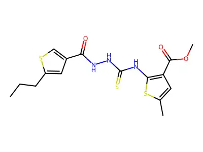 methyl 5-methyl-2-(2-(5-propylthiophene-3-carbonyl)hydrazinecarbothioamido)thiophene-3-carboxylate structure