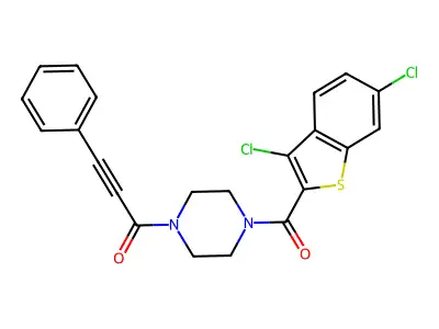 1-[4-(3,6-dichloro-1-benzothiophene-2-carbonyl)piperazin-1-yl]-3-phenylprop-2-yn-1-one structure