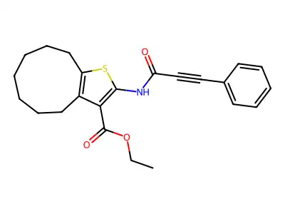 Ethyl 11-(3-phenylprop-2-ynoylamino)-10-thiabicyclo[7.3.0]dodeca-11,13-diene-12-carboxylate structure