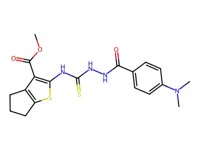 methyl 2-(2-(4-(dimethylamino)benzoyl)hydrazinecarbothioamido)-5,6-dihydro-4H-cyclopenta[b]thiophene-3-carboxylate structure