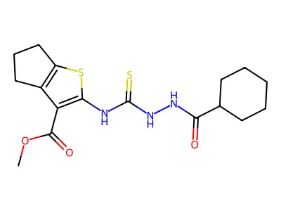 methyl 2-({[(cyclohexylcarbonylamino)amino]thioxomethyl}amino)-4,5,6-trihydroc yclopenta[2,1-b]thiophene-3-carboxylate structure