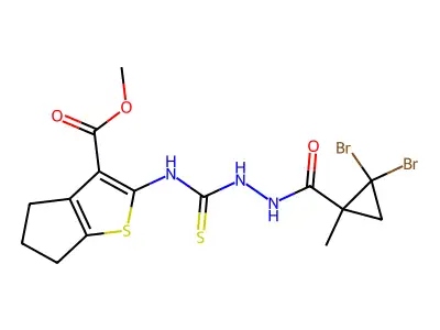 methyl 2-(2-(2,2-dibromo-1-methylcyclopropanecarbonyl)hydrazinecarbothioamido)-5,6-dihydro-4H-cyclopenta[b]thiophene-3-carboxylate structure