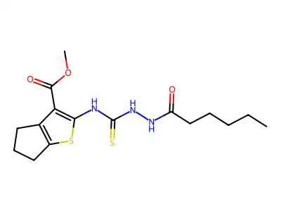 methyl 2-({[(hexanoylamino)amino]thioxomethyl}amino)-4,5,6-trihydrocyclopenta[ 2,1-b]thiophene-3-carboxylate structure