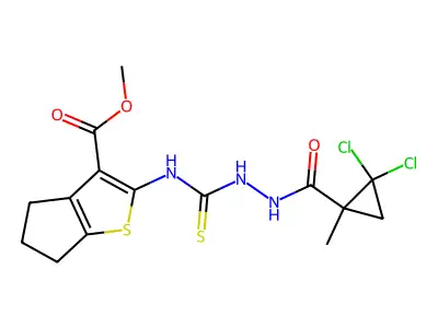 methyl 2-(2-(2,2-dichloro-1-methylcyclopropanecarbonyl)hydrazinecarbothioamido)-5,6-dihydro-4H-cyclopenta[b]thiophene-3-carboxylate structure