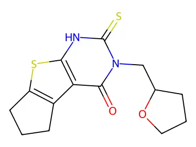 11-(Oxolan-2-ylmethyl)-10-sulfanyl-7-thia-9,11-diazatricyclo[6.4.0.0,2,6]dodeca-1(8),2(6),9-trien-12-one structure