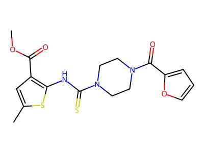 methyl 2-(4-(furan-2-carbonyl)piperazine-1-carbothioamido)-5-methylthiophene-3-carboxylate structure