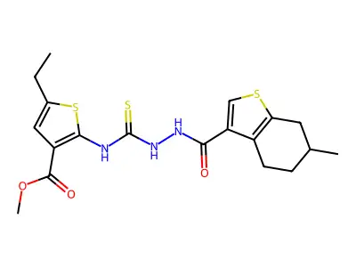 methyl 5-ethyl-2-[({2-[(6-methyl-4,5,6,7-tetrahydro-1-benzothiophen-3-yl)carbonyl]hydrazinyl}carbonothioyl)amino]thiophene-3-carboxylate structure