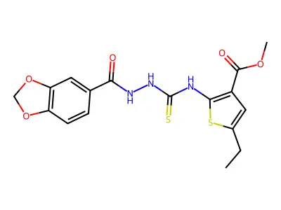 methyl 2-({[(2H-benzo[3,4-d]1,3-dioxolen-5-ylcarbonylamino)amino]thioxomethyl} amino)-5-ethylthiophene-3-carboxylate structure
