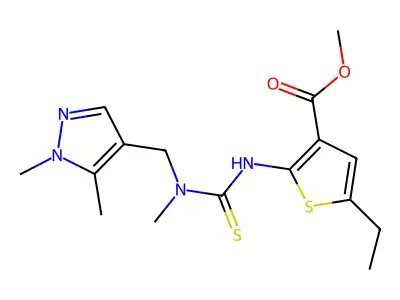 methyl 2-({[(1,5-dimethyl-1H-pyrazol-4-yl)methyl](methyl)carbamothioyl}amino)-5-ethylthiophene-3-carboxylate structure