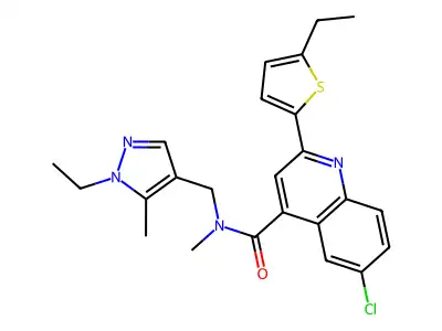 6-chloro-N-[(1-ethyl-5-methylpyrazol-4-yl)methyl]-2-(5-ethylthiophen-2-yl)-N-methylquinoline-4-carboxamide structure