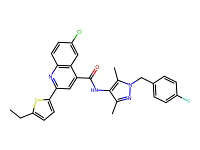 6-chloro-2-(5-ethylthiophen-2-yl)-N-[1-[(4-fluorophenyl)methyl]-3,5-dimethylpyrazol-4-yl]quinoline-4-carboxamide structure