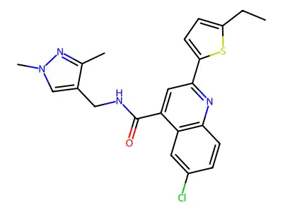 6-chloro-N-[(1,3-dimethylpyrazol-4-yl)methyl]-2-(5-ethylthiophen-2-yl)quinoline-4-carboxamide structure