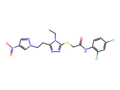 N-(2,4-dichlorophenyl)-2-({4-ethyl-5-[2-(4-nitro-1H-pyrazol-1-yl)ethyl]-4H-1,2,4-triazol-3-yl}sulfanyl)acetamide structure