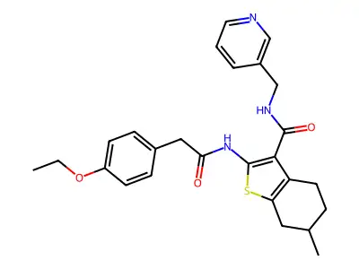 2-[[2-(4-ethoxyphenyl)acetyl]amino]-6-methyl-N-(pyridin-3-ylmethyl)-4,5,6,7-tetrahydro-1-benzothiophene-3-carboxamide structure