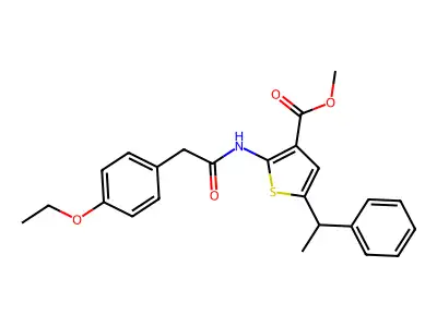 Methyl 2-[[2-(4-ethoxyphenyl)acetyl]amino]-5-(1-phenylethyl)thiophene-3-carboxylate structure