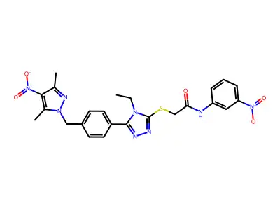 2-[[5-[4-[(3,5-dimethyl-4-nitropyrazol-1-yl)methyl]phenyl]-4-ethyl-1,2,4-triazol-3-yl]sulfanyl]-N-(3-nitrophenyl)acetamide structure