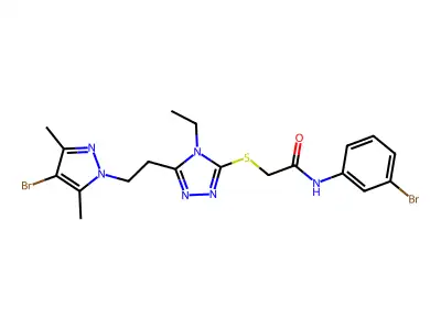 2-[[5-[2-(4-bromo-3,5-dimethylpyrazol-1-yl)ethyl]-4-ethyl-1,2,4-triazol-3-yl]sulfanyl]-N-(3-bromophenyl)acetamide structure