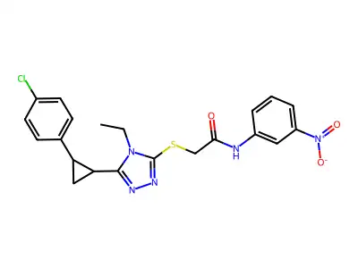 2-({5-[2-(4-chlorophenyl)cyclopropyl]-4-ethyl-4H-1,2,4-triazol-3-yl}sulfanyl)-N-(3-nitrophenyl)acetamide structure