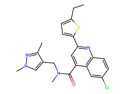 6-chloro-N-[(1,3-dimethylpyrazol-4-yl)methyl]-2-(5-ethylthiophen-2-yl)-N-methylquinoline-4-carboxamide structure