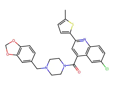 [4-(1,3-benzodioxol-5-ylmethyl)piperazin-1-yl]-[6-chloro-2-(5-methylthiophen-2-yl)quinolin-4-yl]methanone structure