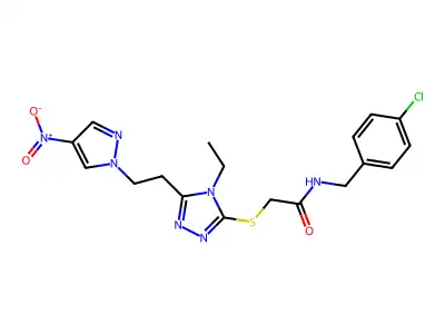 N-(4-chlorobenzyl)-2-({4-ethyl-5-[2-(4-nitro-1H-pyrazol-1-yl)ethyl]-4H-1,2,4-triazol-3-yl}sulfanyl)acetamide structure