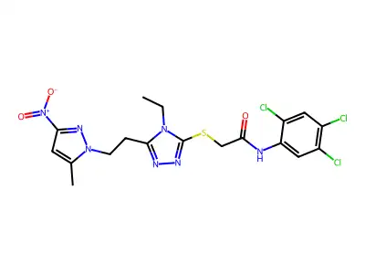 2-[[4-ethyl-5-[2-(5-methyl-3-nitropyrazol-1-yl)ethyl]-1,2,4-triazol-3-yl]sulfanyl]-N-(2,4,5-trichlorophenyl)acetamide structure