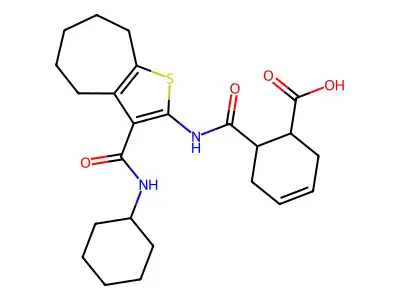 6-((3-(cyclohexylcarbamoyl)-5,6,7,8-tetrahydro-4H-cyclohepta[b]thiophen-2-yl)carbamoyl)cyclohex-3-enecarboxylic acid structure