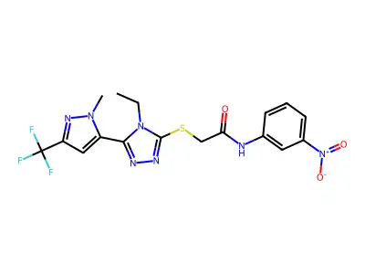 2-[[4-ethyl-5-[2-methyl-5-(trifluoromethyl)pyrazol-3-yl]-1,2,4-triazol-3-yl]sulfanyl]-N-(3-nitrophenyl)acetamide structure