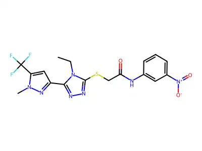 2-[[4-ethyl-5-[1-methyl-5-(trifluoromethyl)pyrazol-3-yl]-1,2,4-triazol-3-yl]sulfanyl]-N-(3-nitrophenyl)acetamide structure