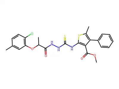methyl 2-[({2-[2-(2-chloro-5-methylphenoxy)propanoyl]hydrazinyl}carbonothioyl)amino]-5-methyl-4-phenylthiophene-3-carboxylate structure