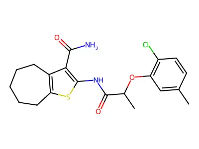 2-{[2-(2-chloro-5-methylphenoxy)propanoyl]amino}-5,6,7,8-tetrahydro-4H-cyclohepta[b]thiophene-3-carboxamide structure